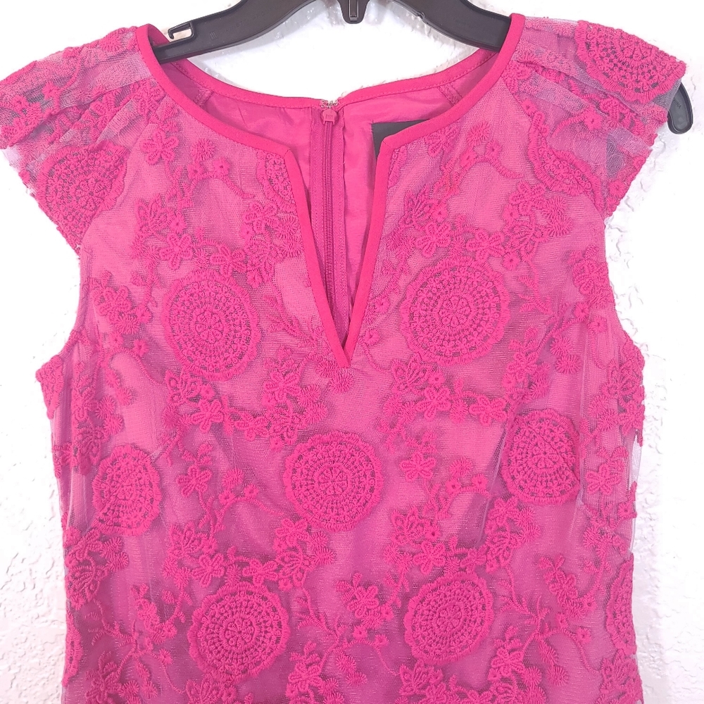 ADRIANNA PAPELL Eyelet Boho Overlay Fuchsia Dress - Picture 13 of 13